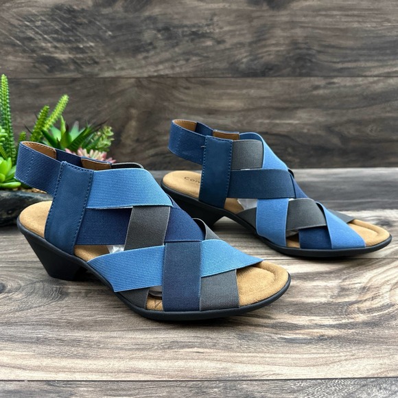 NIB Comfortiva Farrow 8W WIDE 39 Denim Multi Blue Stretch Woven Sling Sandals - Picture 4 of 12